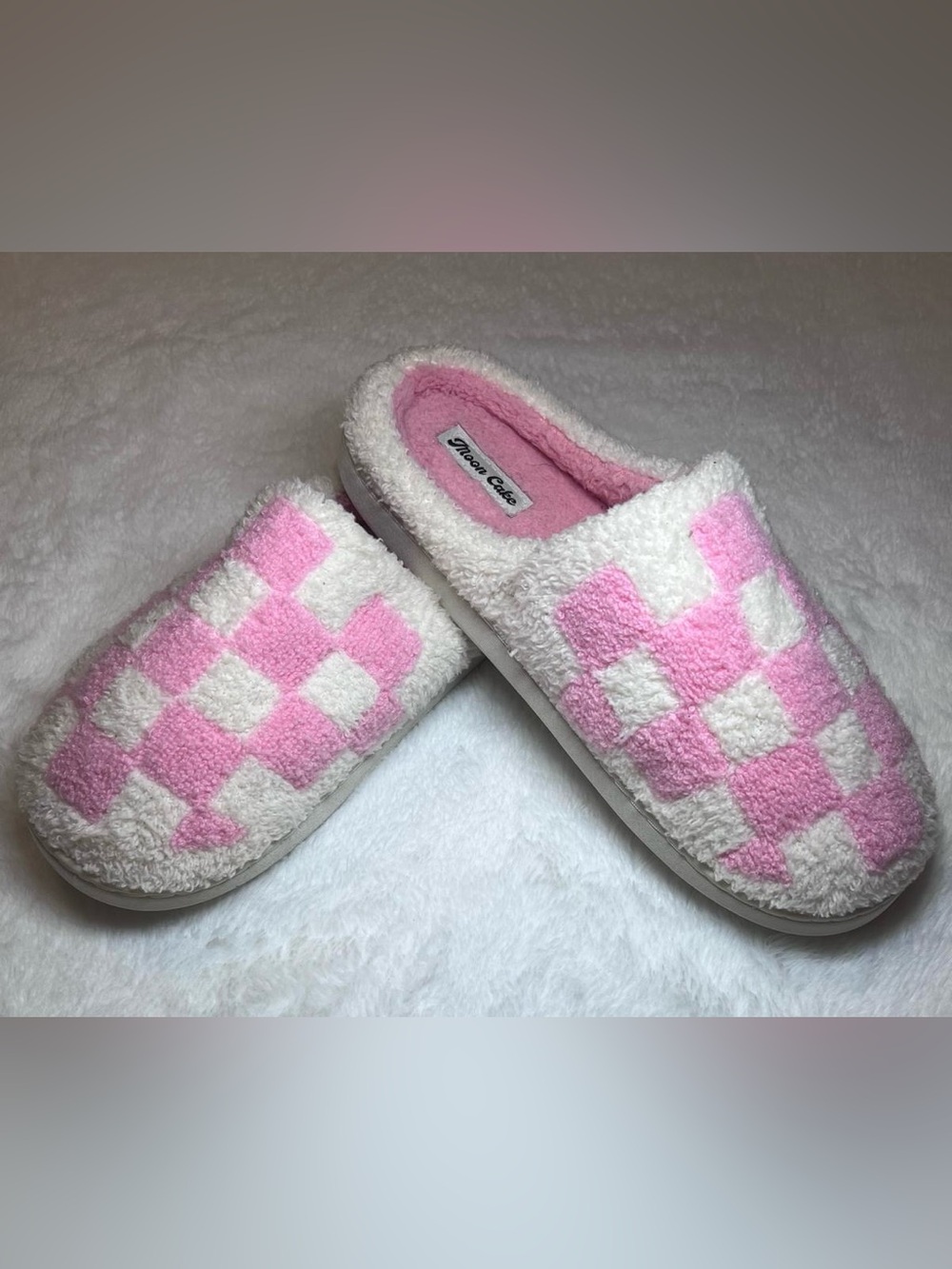 Pink & White Check Terry Slide Slippers